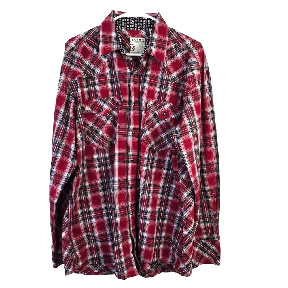 Roper Shirt Men's L Red Black Plaid Pearl Snap Western Cowboy Rodeo Southwestern